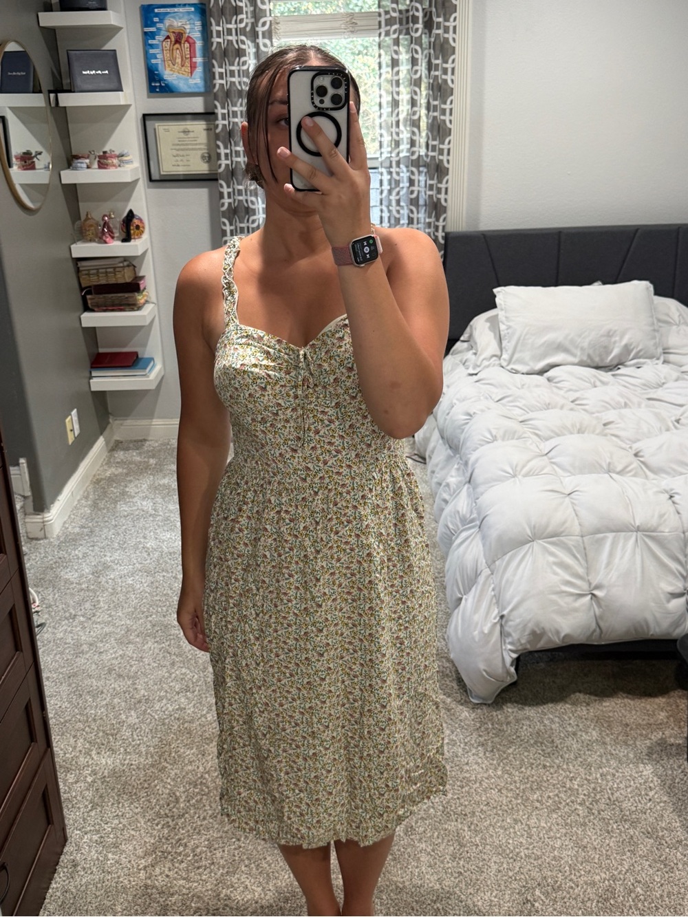Floral Cream Midi Dress with Sweetheart Neckline